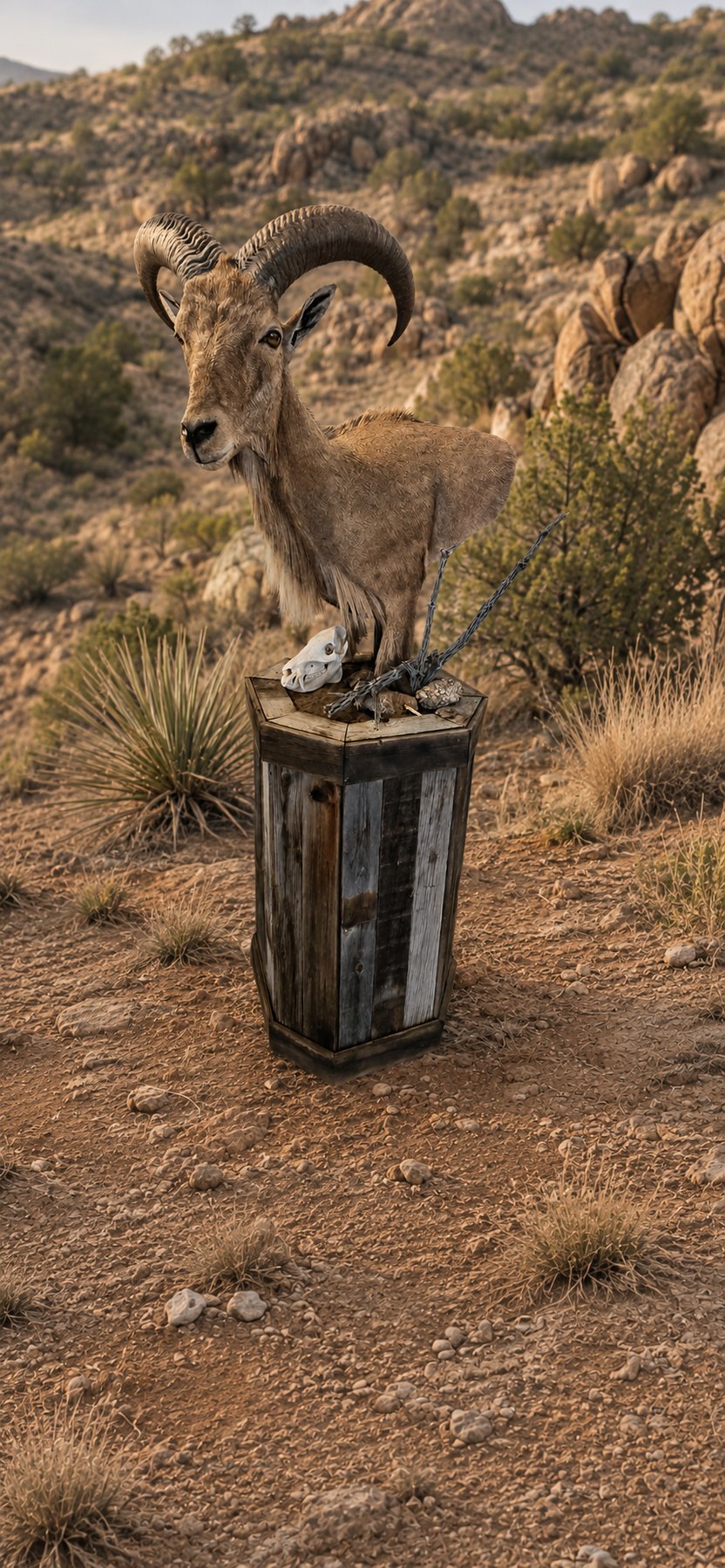An aoudad shoulder mount on a hexagonal reclaimed barnwood pedestal