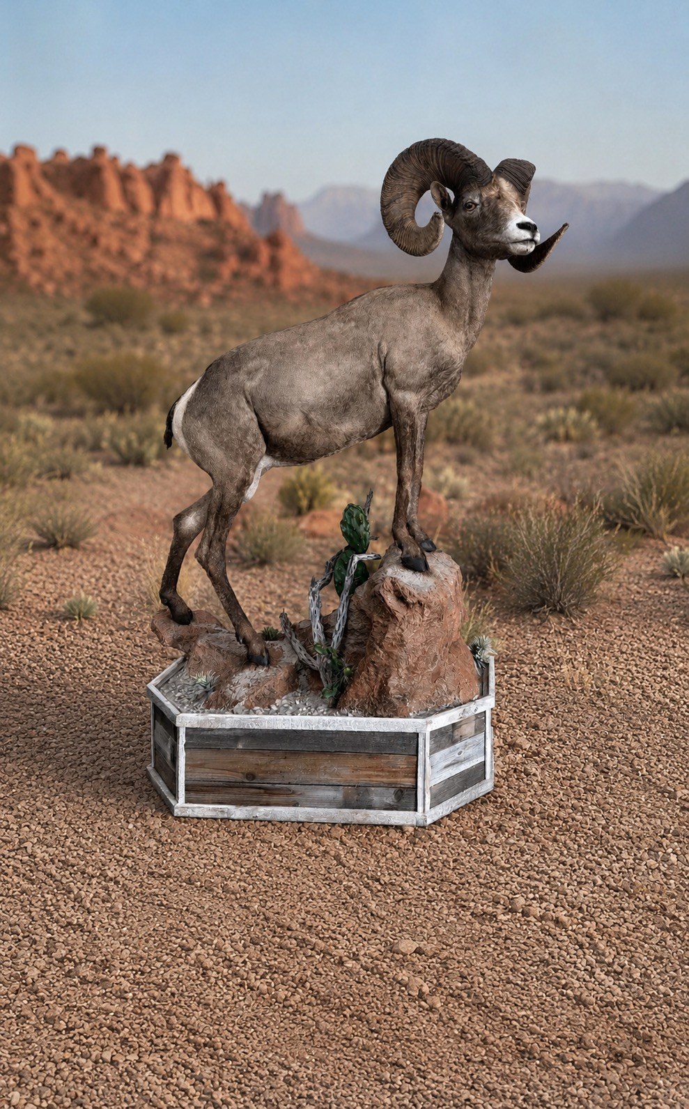 A bighorn sheep full-body mount on a hexagonal reclaimed barnwood pedestal