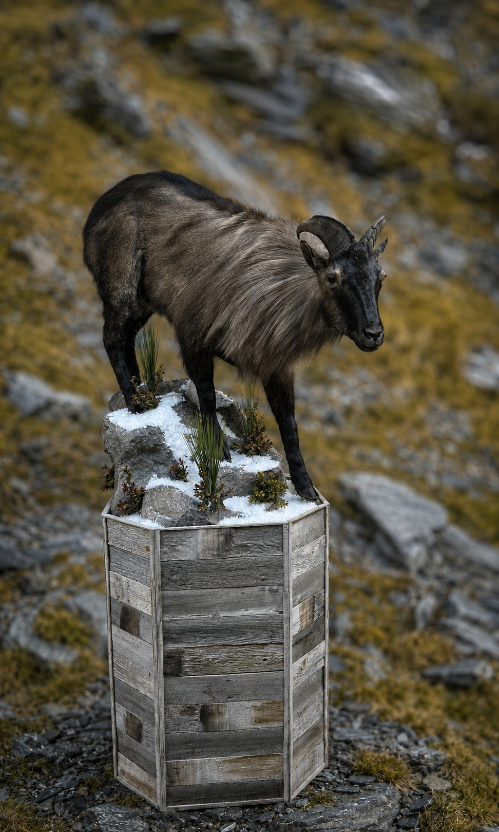 A Himalayan tahr full-body mount on a custom hexagonal barnwood pedestal, built for a customer