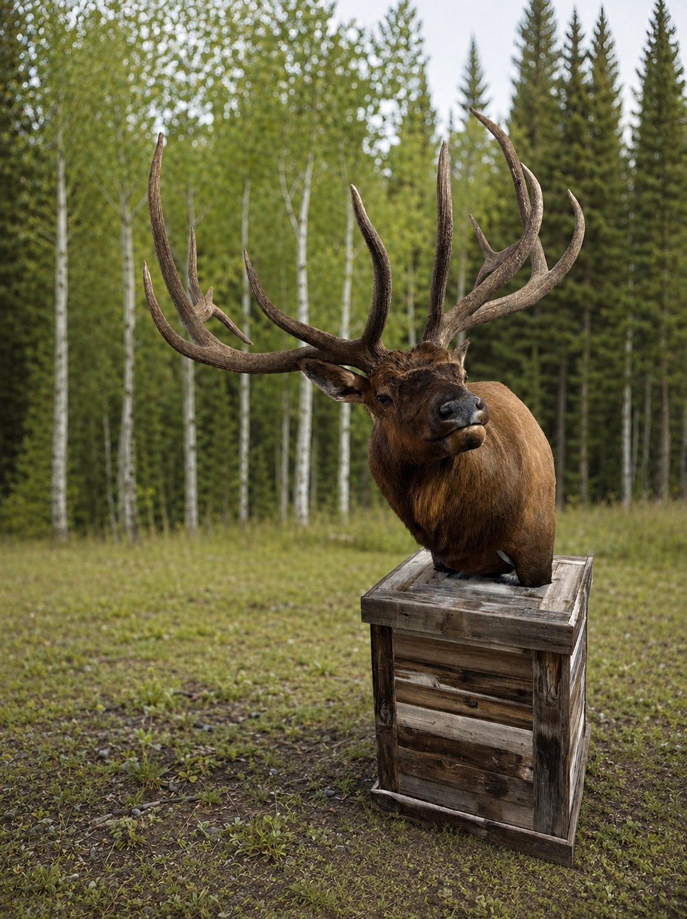 A bull elk shoulder mount on a reclaimed barnwood crate pedestal