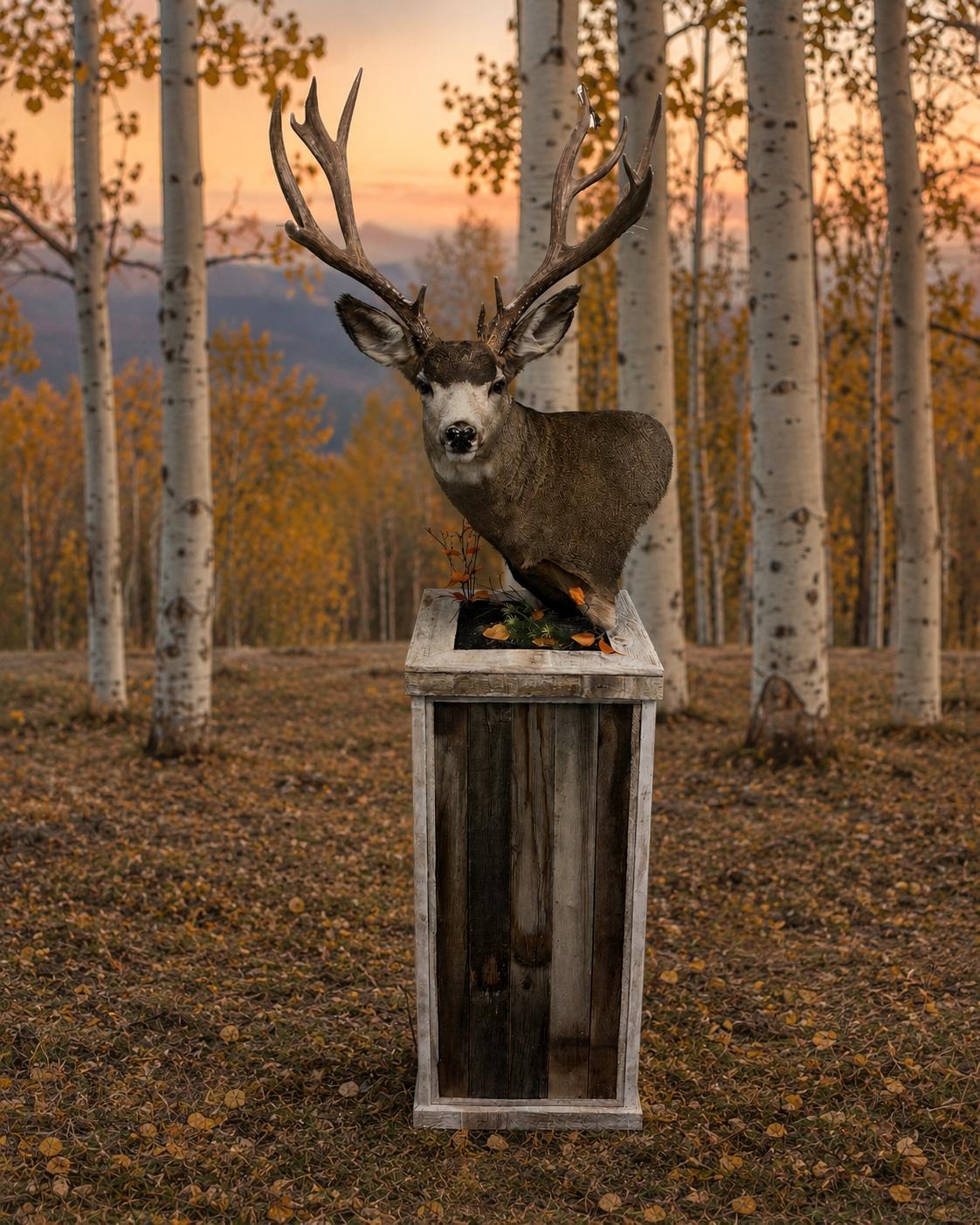 A mule deer shoulder mount on a reclaimed barnwood pedestal