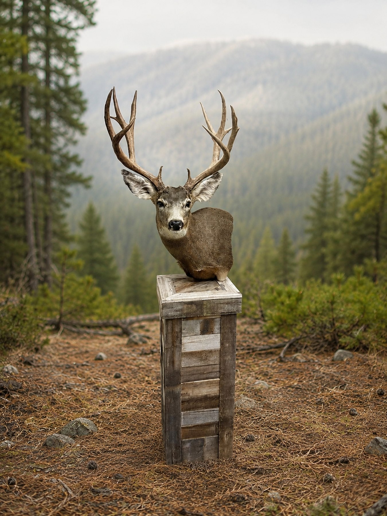A mule deer shoulder mount on a tall reclaimed barnwood pedestal